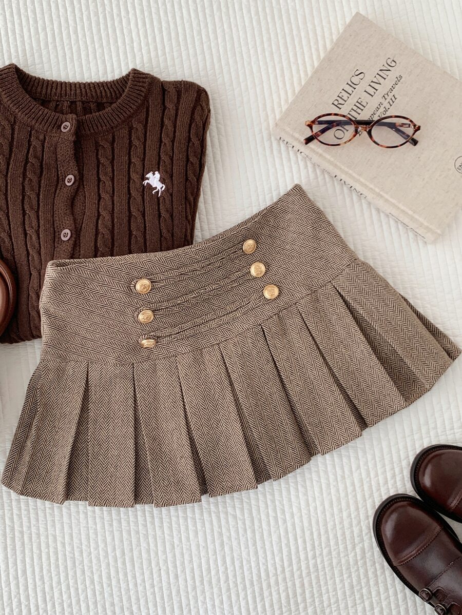 Comfortcana Women's Solid Color Pleated Casual Versatile Mini Skirt - Brown - View 1