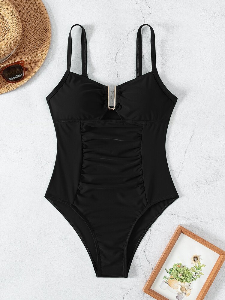SHEIN Swim 2026 Spring/Summer Women's Adjustable Metal U-Shaped Decor Black Elegant Fitted One-Piece Bikini Swimsuit - Black - View 3