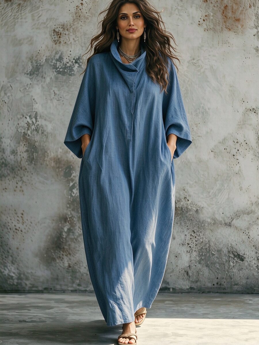 Linhara CURVE Plus Size Simple Elegant Corset Versatile Pocket Button Dress For Daily Wear Brunch Morning Dusty Blue Fall - Blue - View 1
