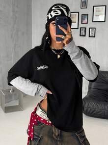 DRPCRD 女款秋冬街頭風外出休閒運動風黑色字母印花 2 合 1 拼接休閒長袖 T 恤，情侶同款 - 黑色 - 查看 2
