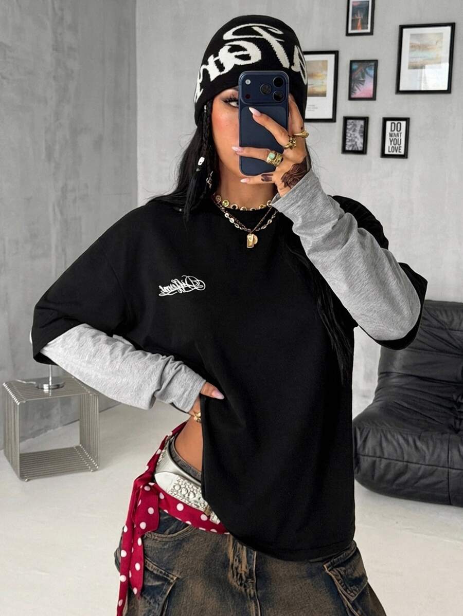 DRPCRD 女款秋冬街頭風外出休閒運動風黑色字母印花 2 合 1 拼接休閒長袖 T 恤，情侶同款