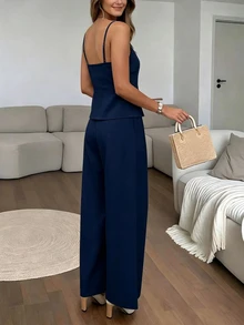 INAWLY 女款優雅熱帶風兩件套細肩帶百褶單排扣上衣與西裝長褲，適合度假、花園派對，海軍藍夏季款 - 藏蓝色 - 查看 2