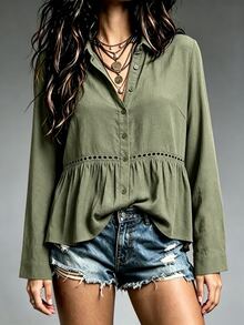 Trelyra 女款時尚休閒鈕扣蕾絲拼接日常襯衫 - 軍綠色 - 查看 5
