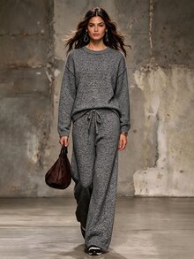 Zayélia Women's 2pcs Set: Mixed Yarn Crew Neck Drop Shoulder Long Sleeve Loose Sweater Top Elastic Waist Drawstring Wide Leg Pants, Casual Lounge Grey Fall - Grey - View 4