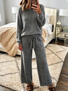 Zayélia Women's 2pcs Set: Mixed Yarn Crew Neck Drop Shoulder Long Sleeve Loose Sweater Top Elastic Waist Drawstring Wide Leg Pants, Casual Lounge Grey Fall - Grey - View 1