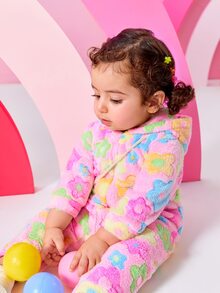 SHEIN Baby Girls Cute Floral Pattern Jacquard Fleece Jumpsuit, Autumn/Winter - Pink - View 3