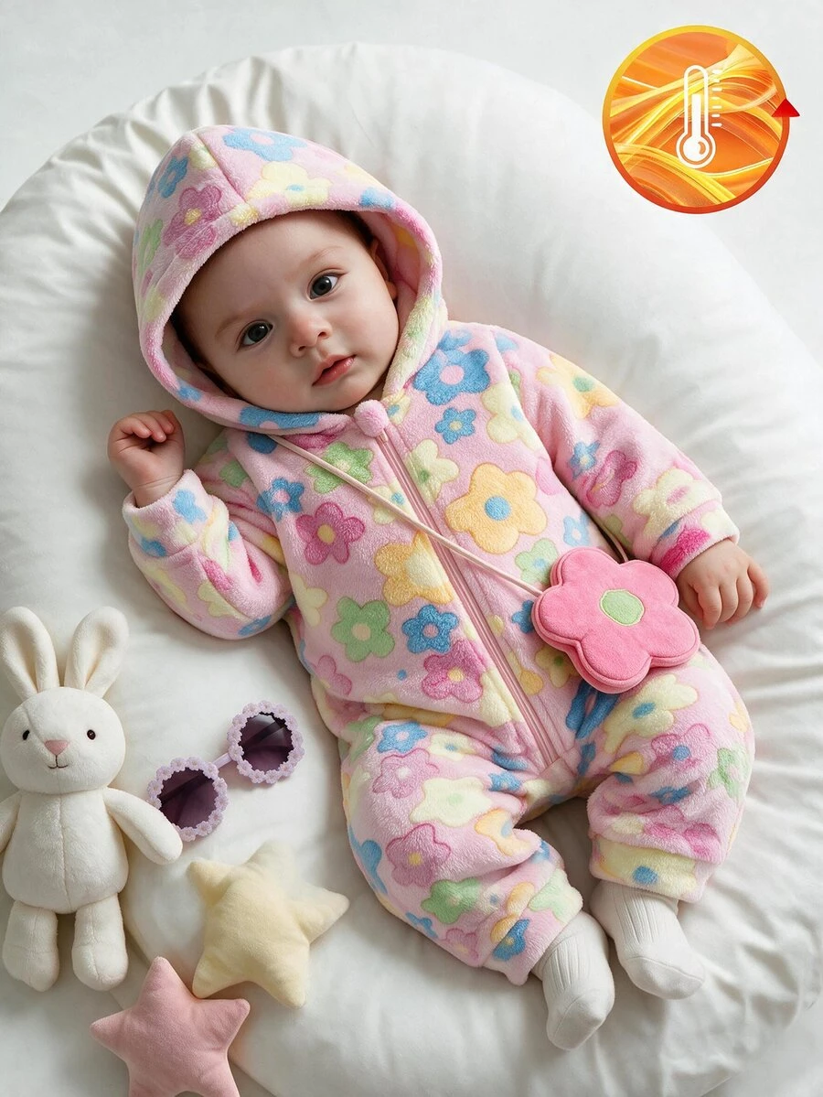 SHEIN Baby Girls Cute Floral Pattern Jacquard Fleece Jumpsuit, Autumn/Winter - Pink - View 1