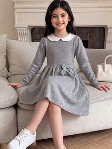 SHEIN Tween女孩優雅針織波點領秋季洋裝 - 灰色 - 查看 3