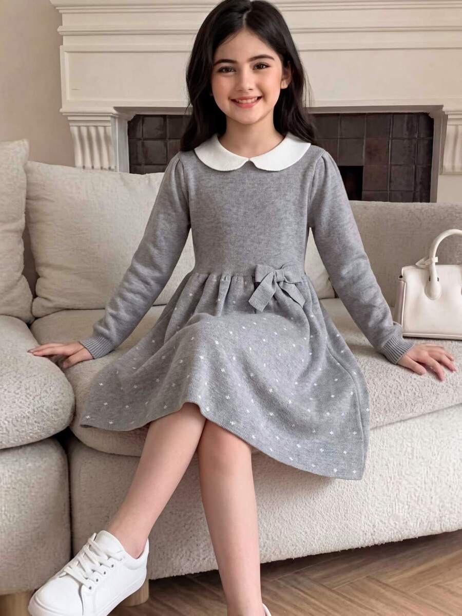 SHEIN Tween Girls Kids Elegant Knitted Polka Dot Collar Autumn Dress