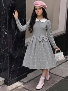 SHEIN Tween女孩優雅針織波點領秋季洋裝 - 灰色 - 查看 4