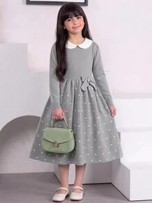 SHEIN Tween女孩優雅針織波點領秋季洋裝 - 灰色 - 查看 5