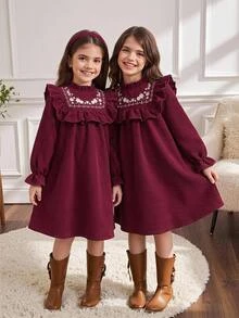 SHEIN 女童秋冬保暖內裡加厚刺繡燈芯絨節日派對洋裝 - 紅色 - 查看 2