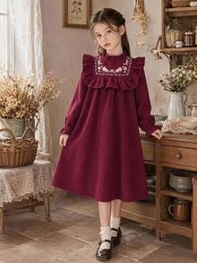 SHEIN 女童秋冬保暖內裡加厚刺繡燈芯絨節日派對洋裝 - 紅色 - 查看 4
