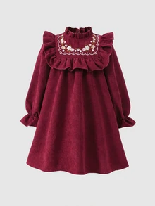 SHEIN 女童秋冬保暖內裡加厚刺繡燈芯絨節日派對洋裝 - 紅色 - 查看 6