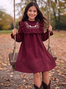 SHEIN 女童秋冬保暖內裡加厚刺繡燈芯絨節日派對洋裝 - 紅色 - 查看 5