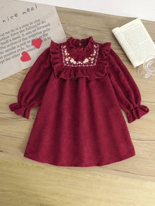SHEIN 女童秋冬保暖內裡加厚刺繡燈芯絨節日派對洋裝 - 紅色 - 查看 8