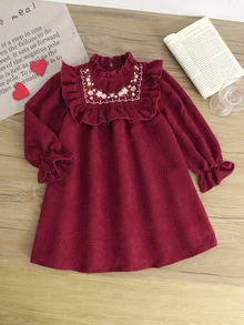 SHEIN 女童秋冬保暖內裡加厚刺繡燈芯絨節日派對洋裝 - 紅色 - 查看 11