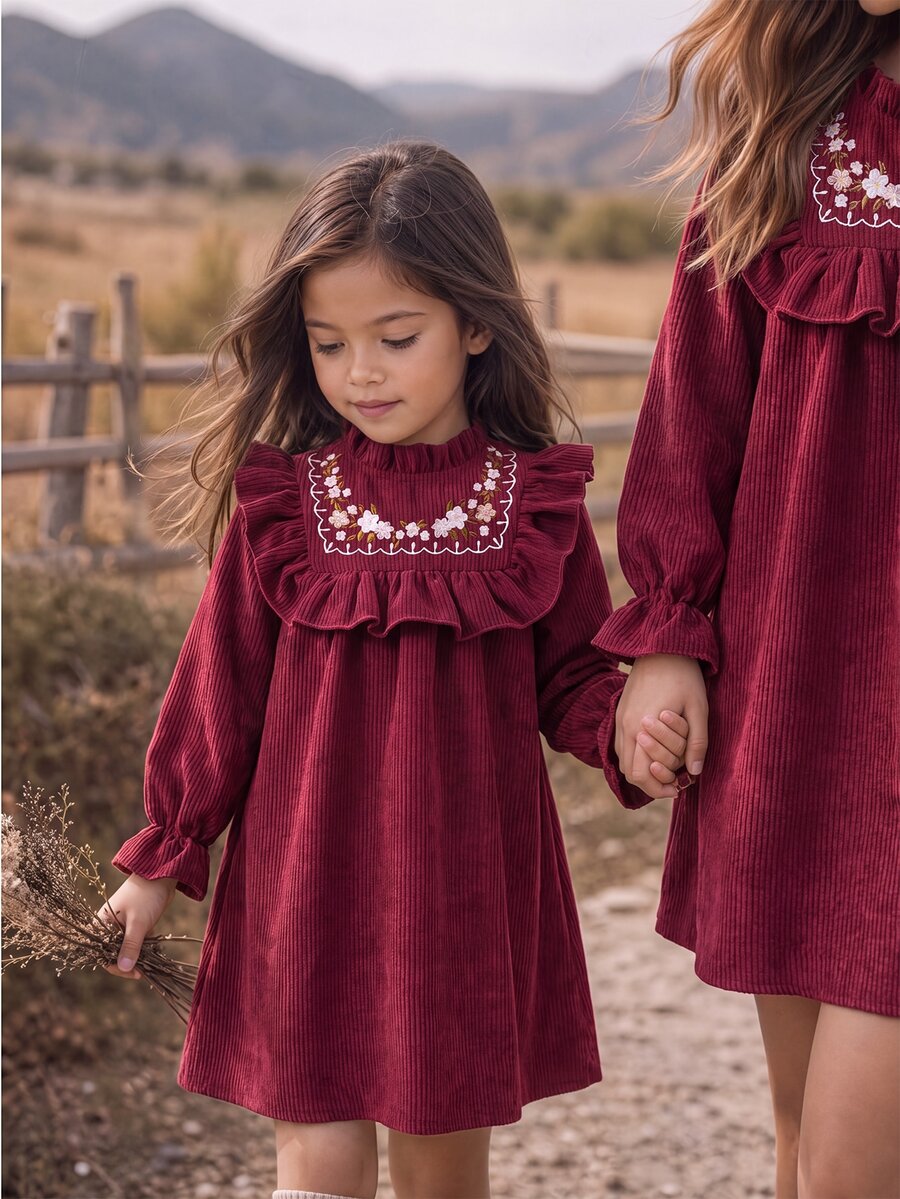 SHEIN 女童秋冬保暖內裡加厚刺繡燈芯絨節日派對洋裝 - 紅色 - 查看 1