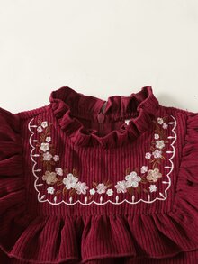 SHEIN 女童秋冬保暖內裡加厚刺繡燈芯絨節日派對洋裝 - 紅色 - 查看 10
