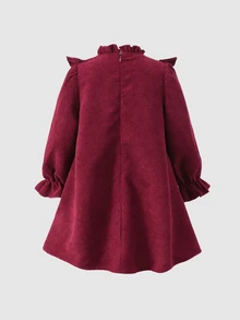 SHEIN 女童秋冬保暖內裡加厚刺繡燈芯絨節日派對洋裝 - 紅色 - 查看 7