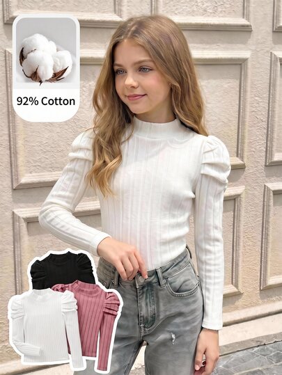 SHEIN 3pcs/Set Kaos Rajut Bergaris Leher Corong Lengan Raglan Kasual untuk Anak Perempuan Remaja
