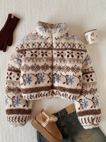 Comfortcana Women's Long Sleeve Zip-Up Fair Isle Lambswool Cropped Padded Coat - Multicolor - View 7