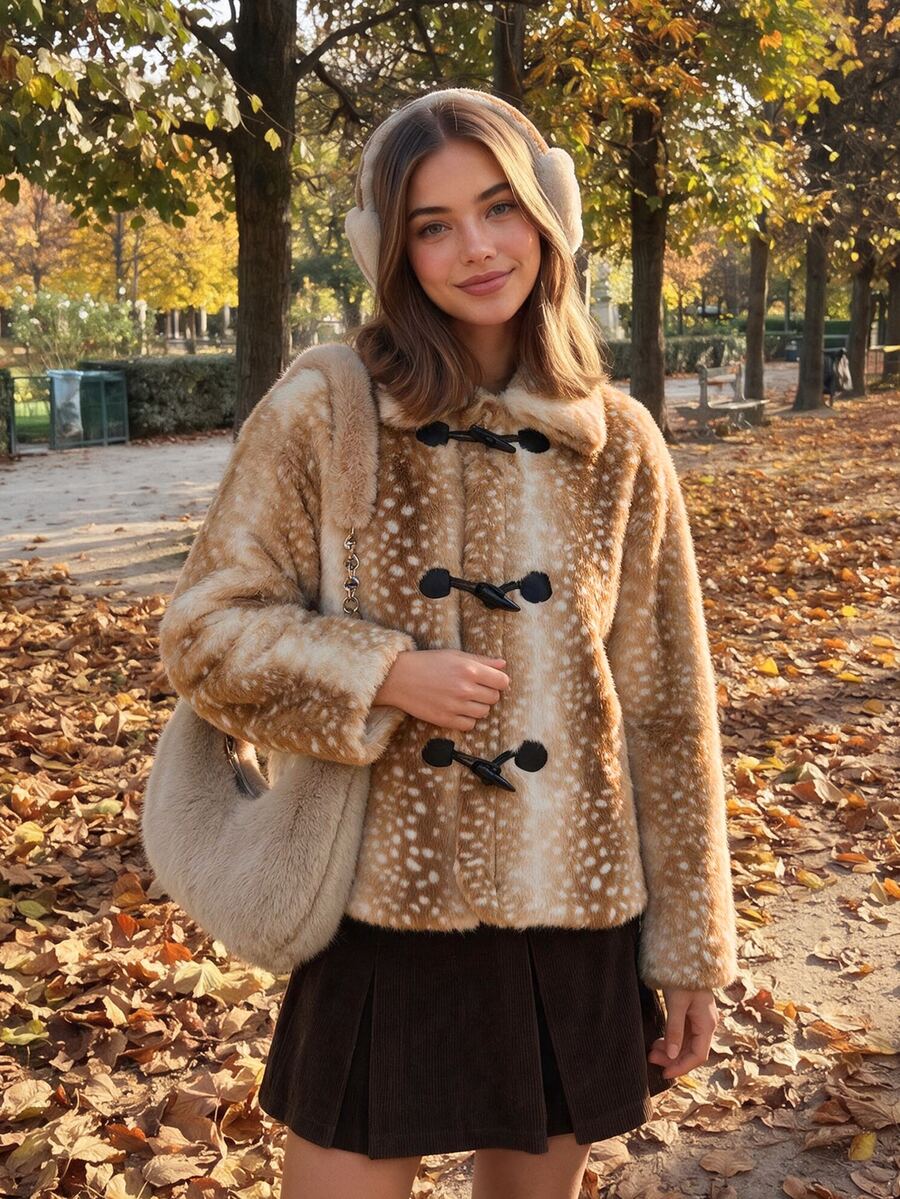 Comfortcana Women's Autumn/Winter Animal Print Faux Fur Coat With Horn Buttons - Multicolor - View 1