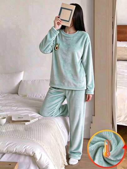 SHEIN Avocado Embroidered Corduroy Home Set, Light Green Loose Round Neck Long Sleeve Pants 2 Pieces Pajama Set For Teen GirlAutumn/Winter