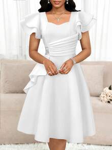 SHEIN Lady Women's Solid Color V-Neck Ruffle Sleeve Elegant Rhinestone Waist Midi Dress - White - View 3