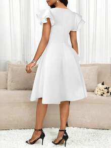 SHEIN Lady Women's Solid Color V-Neck Ruffle Sleeve Elegant Rhinestone Waist Midi Dress - White - View 4