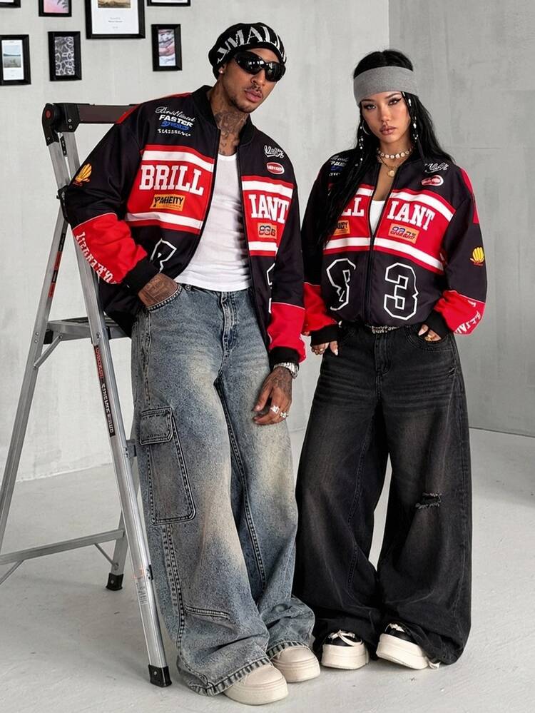 DRPCRD Women's & Men's Fall/Winter Going Out Casual Streetwear Ricing Race Car Driver Graphics Oversized Race Car Jacket,Couple Same Style,Couple Costumes - Multicolor - View 2