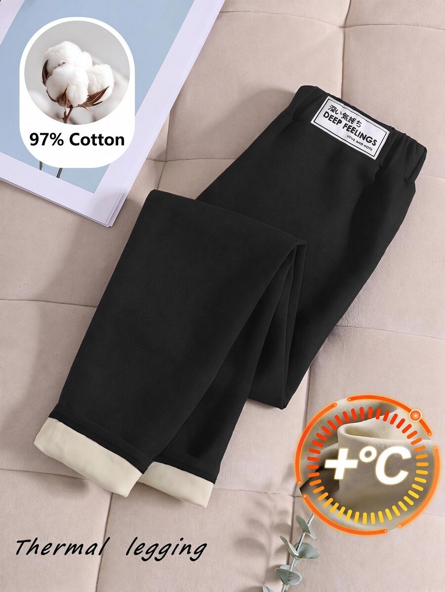 SHEIN Tween Girls Solid Color Kids Knit Fabric Waistband Decorative Slim Fit Winter Leggings - Black - View 1