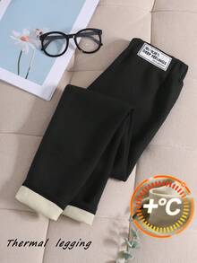 SHEIN Tween Girls Solid Color Kids Knit Fabric Waistband Decorative Slim Fit Winter Leggings - Black - View 3