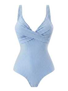 Swim Oasis 大尺碼女款特殊面料連體泳衣高腰短褲，優雅性感熱帶風 2 件式泳裝套裝，夏季海灘度假藍白配色 - 藍白色 - 查看 4