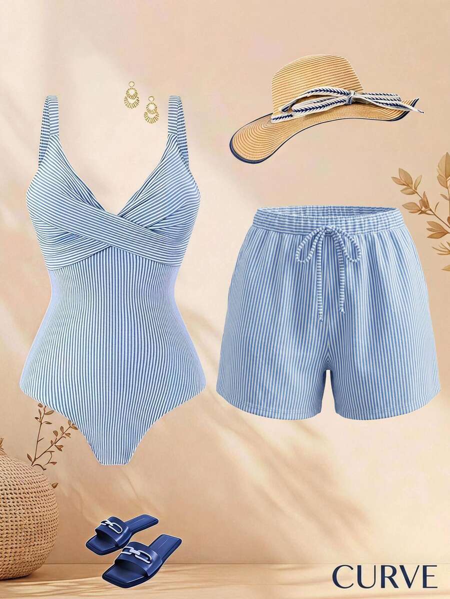 Swim Oasis 大尺碼女款特殊面料連體泳衣高腰短褲,優雅性感熱帶風 2 件式泳裝套裝,夏季海灘度假藍白配色 - 藍白色 - 查看 1