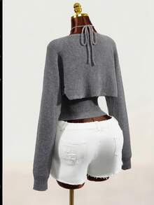 Mistrie Spaghetti Strap Knit Camisole + Long Sleeve Bolero 2pcs Set, Women Grey Cropped Waist Minimalist Sexy Cover Up Set, Fall Casual Going Out Club - Grey - View 4