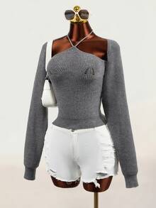 Mistrie Spaghetti Strap Knit Camisole + Long Sleeve Bolero 2pcs Set, Women Grey Cropped Waist Minimalist Sexy Cover Up Set, Fall Casual Going Out Club - Grey - View 7