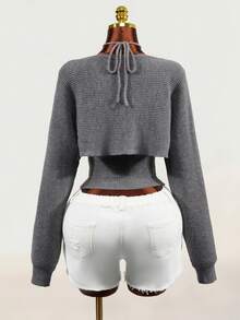 Mistrie Spaghetti Strap Knit Camisole + Long Sleeve Bolero 2pcs Set, Women Grey Cropped Waist Minimalist Sexy Cover Up Set, Fall Casual Going Out Club - Grey - View 3