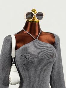Mistrie Spaghetti Strap Knit Camisole + Long Sleeve Bolero 2pcs Set, Women Grey Cropped Waist Minimalist Sexy Cover Up Set, Fall Casual Going Out Club - Grey - View 6