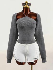 Mistrie Spaghetti Strap Knit Camisole + Long Sleeve Bolero 2pcs Set, Women Grey Cropped Waist Minimalist Sexy Cover Up Set, Fall Casual Going Out Club - Grey - View 8