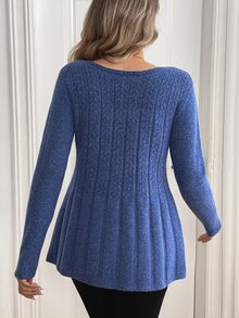 Breezaya Autumn/Winter Vintage Solid Color Slight One-Letter Collar Cable Knit Casual Style Pullover Sweater Women Round Neck A-Line Long Sleeve Slim Fit Flattering Versatile Mid-Length Ruffle Skirt - Blue - View 2