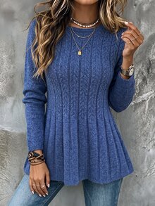 Breezaya Autumn/Winter Vintage Solid Color Slight One-Letter Collar Cable Knit Casual Style Pullover Sweater Women Round Neck A-Line Long Sleeve Slim Fit Flattering Versatile Mid-Length Ruffle Skirt - Blue - View 1