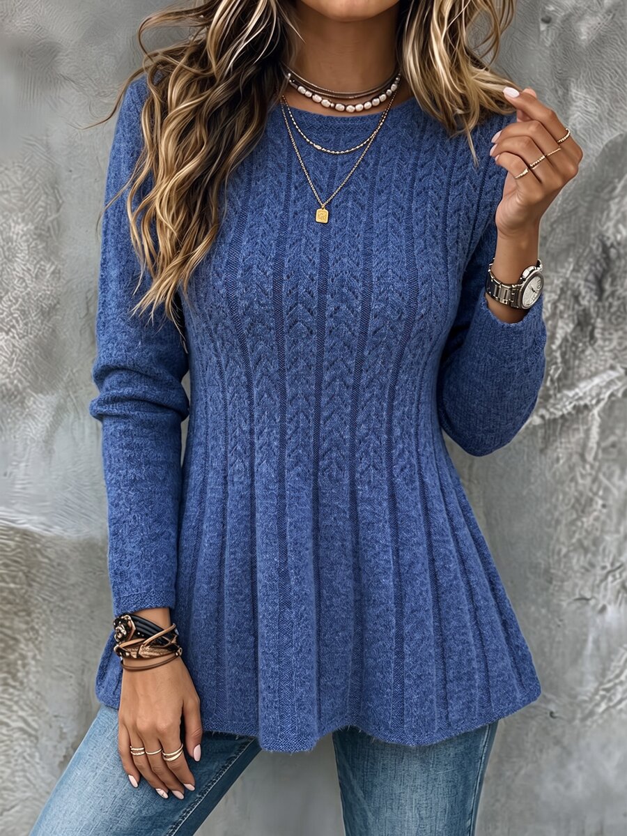 Breezaya Autumn/Winter Vintage Solid Color Slight One-Letter Collar Cable Knit Casual Style Pullover Sweater Women Round Neck A-Line Long Sleeve Slim Fit Flattering Versatile Mid-Length Ruffle Skirt - Blue - View 1