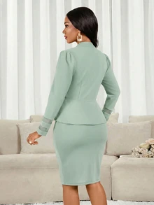 SHEIN Lady 2pcs/Set Women's Minimalist Business Style Mint Green Long Sleeve Top And Skirt Set, Autumn/Winter Clothing - Mint Green - View 3