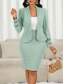 SHEIN Lady 2pcs/Set Women's Minimalist Business Style Mint Green Long Sleeve Top And Skirt Set, Autumn/Winter Clothing - Mint Green - View 8