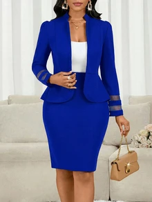 SHEIN Lady 女款皇家藍 2件/套 極簡休閒優雅辦公商務長袖荷葉邊上衣與裙裝套裝，秋季婚禮節慶工作穿搭 - 寶藍色 - 查看 8