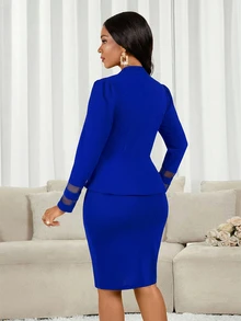 SHEIN Lady 女款皇家藍 2件/套 極簡休閒優雅辦公商務長袖荷葉邊上衣與裙裝套裝，秋季婚禮節慶工作穿搭 - 寶藍色 - 查看 3