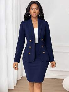 SHEIN Lady Women's Elegant Casual Business Suit - Blazer And Skirt Set Office Navy Blue Fall - Navy Blue - View 1