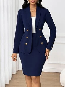 SHEIN Lady Women's Elegant Casual Business Suit - Blazer And Skirt Set Office Navy Blue Fall - Navy Blue - View 4