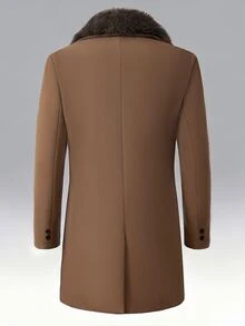 Manfinity Mode Men's Brown British Style Large Lapel Detachable Fur Collar Flap Pocket Business Casual Wool Trench Coat - Brown - View 2